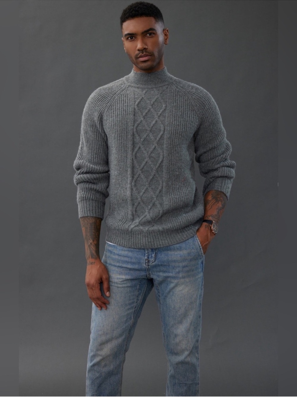 Paul Jones Men's Grey Cable Knit Mock Turtleneck Sweater